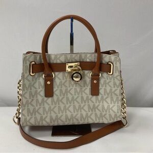 Michael Kors Hamilton Ivory Monogram Padlock Logo Satchel